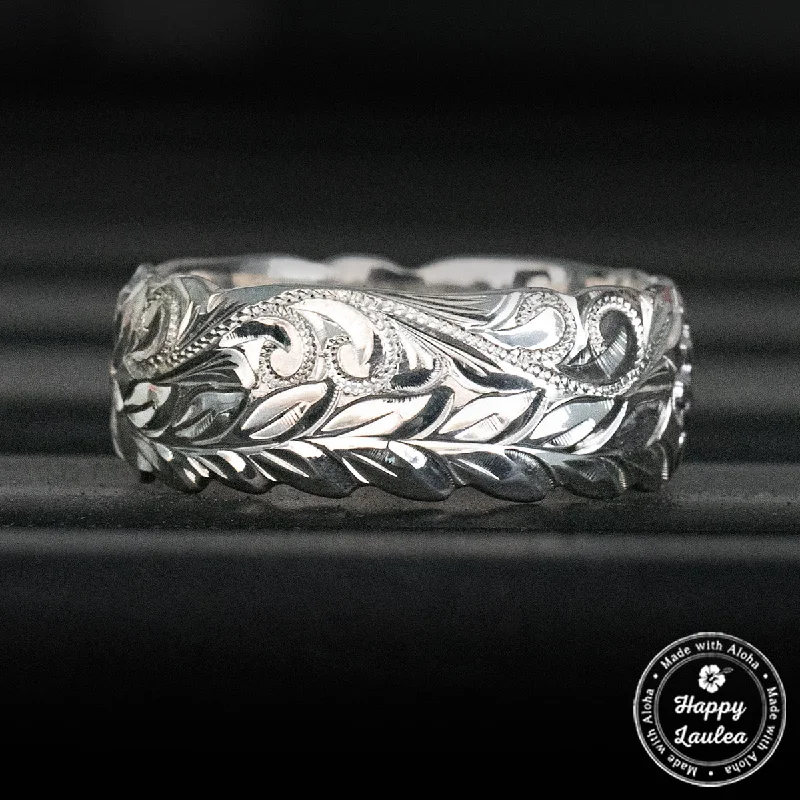 Pine grain rings-Sterling Silver Hawaiian Jewelry Ring Hand Engraved Maile Leaf & Scroll Design  - 8mm, Dome Shape, Standard Fitment