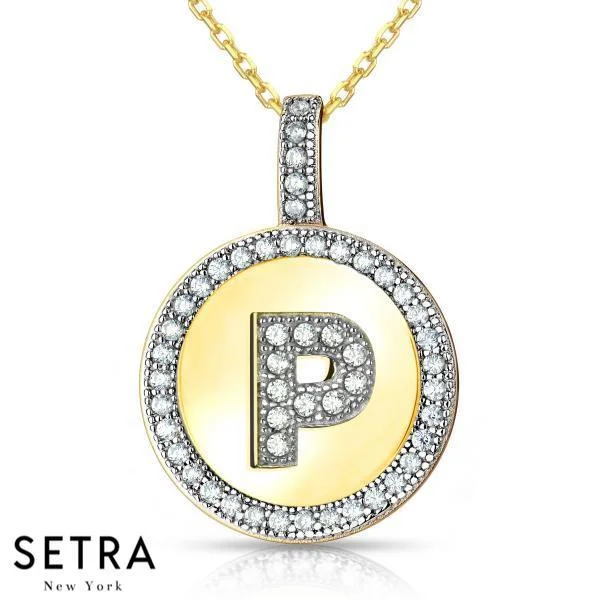 Earth woven necklaces-INITIAL MICRO-PAVE FINE 18K GOLD CIRCLE DISC " P " DIAMONDS NECKLACE