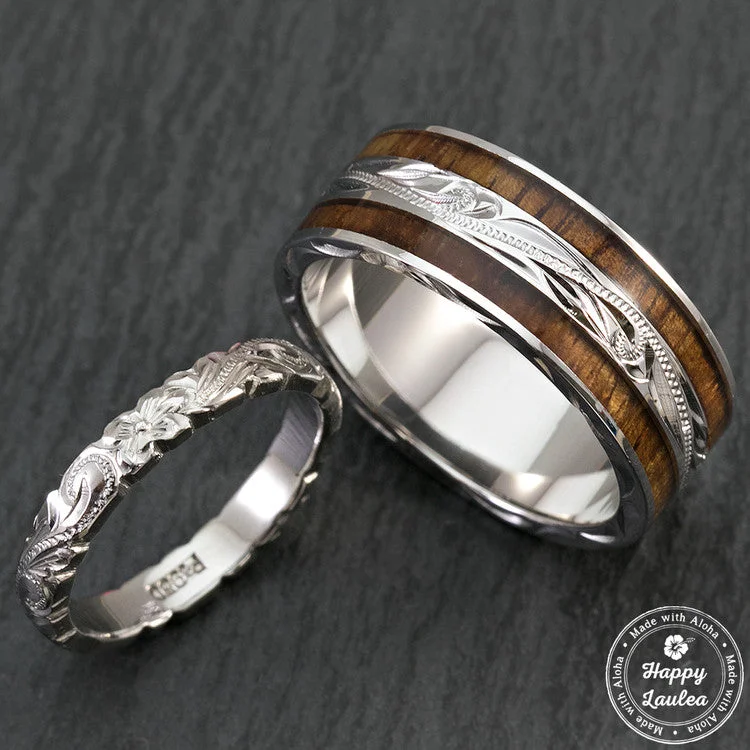 Gleaming silver rings-Pair of Hand Engraved Platinum and Sterling Silver Wedding Ring Set with Hawaiian Koa Wood Inlay