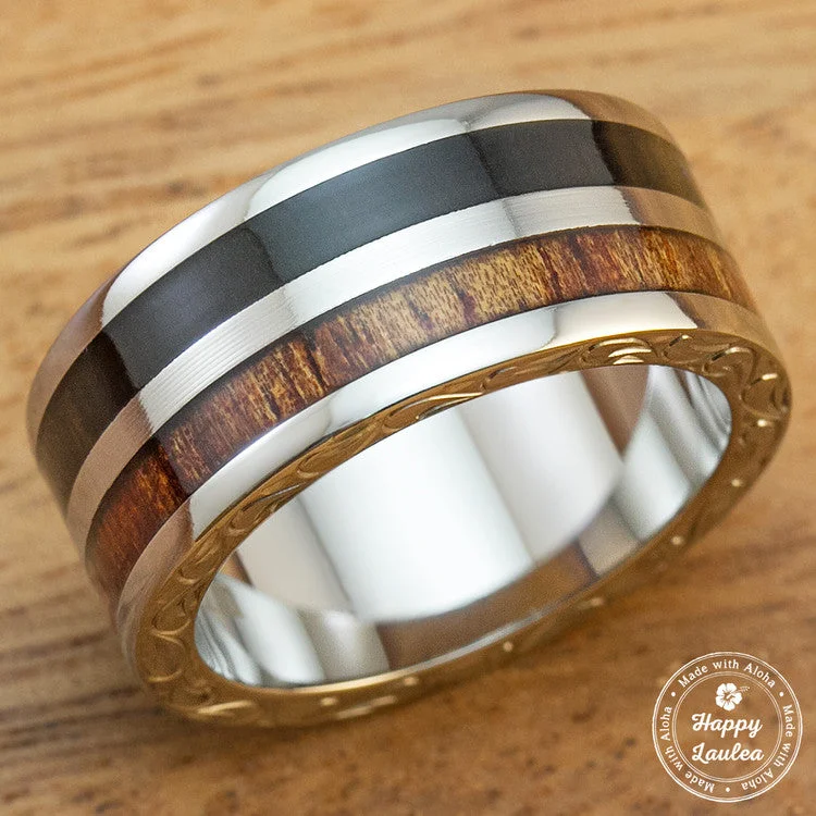 Sleek form rings-Men's Titanium Hand Engraved Scroll Pattern Ring with Hawaiian Koa and Ebony Gabon Wood Inlay - 10mm, Flat Shape, Standard Fitment