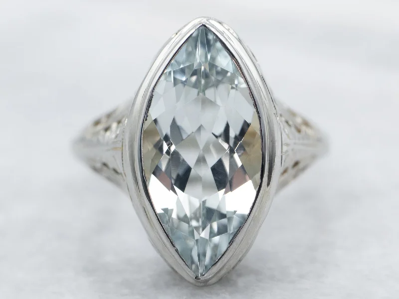 Multi-gem rings-White Gold Bezel Set Marquise Cut Aquamarine Solitaire Ring