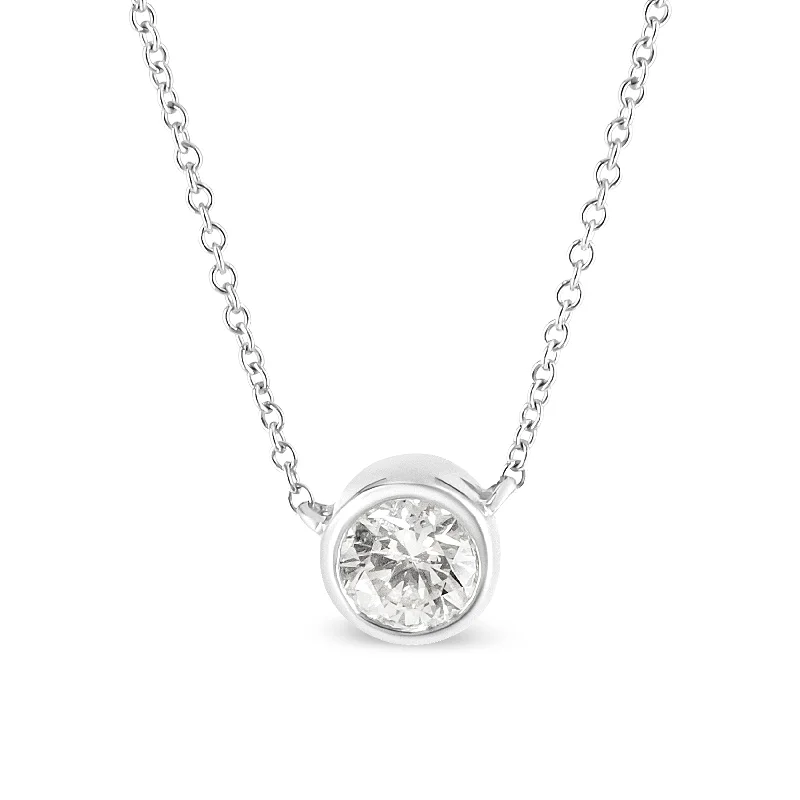 Slide clasp necklaces-10K White Gold 1/3 Cttw Round Bezel-Set Diamond Solitaire Pendant Necklace