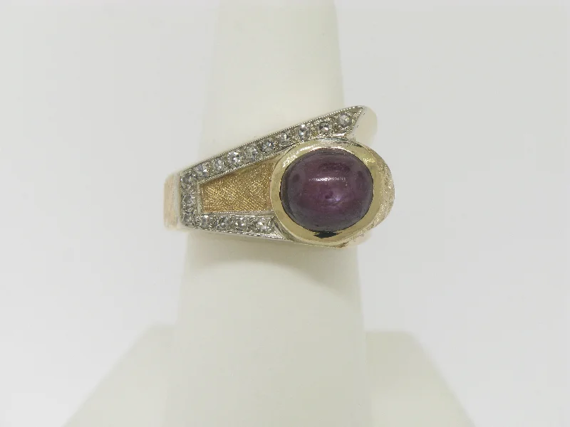 Sapphire stone rings-14K Yellow Gold Purple Star Sapphire (Genuine) and Diamonds Ring Size 6.5