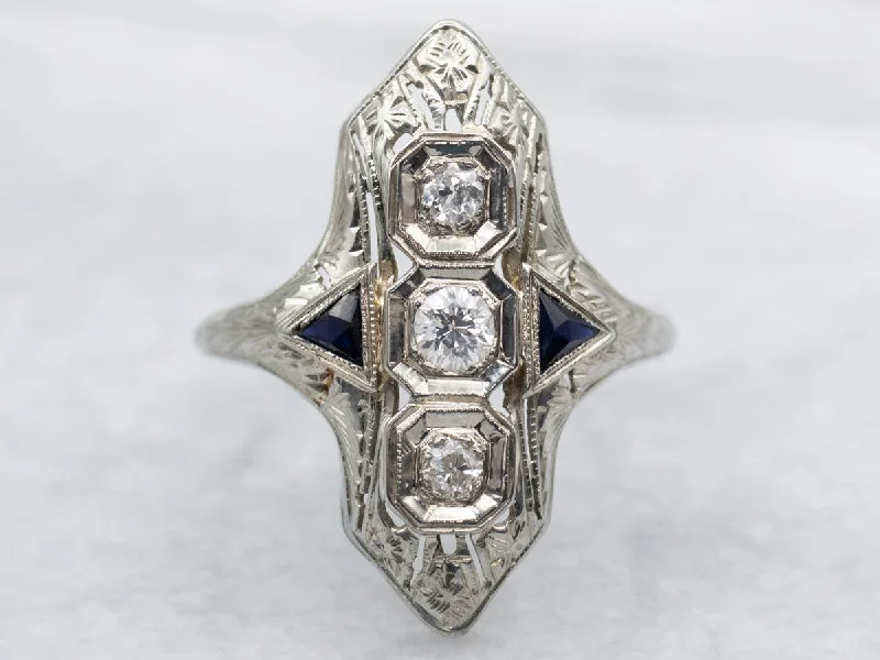 Hand-glossy rings-Art Deco European Cut Diamond Dinner Ring with Sapphire Accents