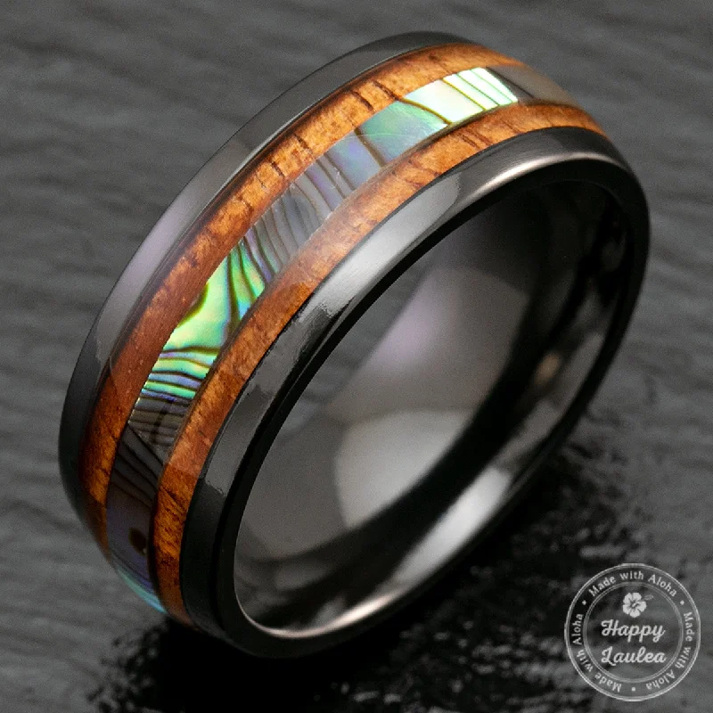 Aged flair rings-Black Zirconium 8mm Ring with Abalone Shell & Hawaii Koa Wood Inlay - Dome Shape, Comfort Fitment