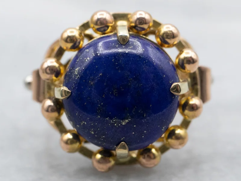 Hand-glossy rings-Yellow Gold Round Cut Lapis Solitaire Ring with Beaded Edge