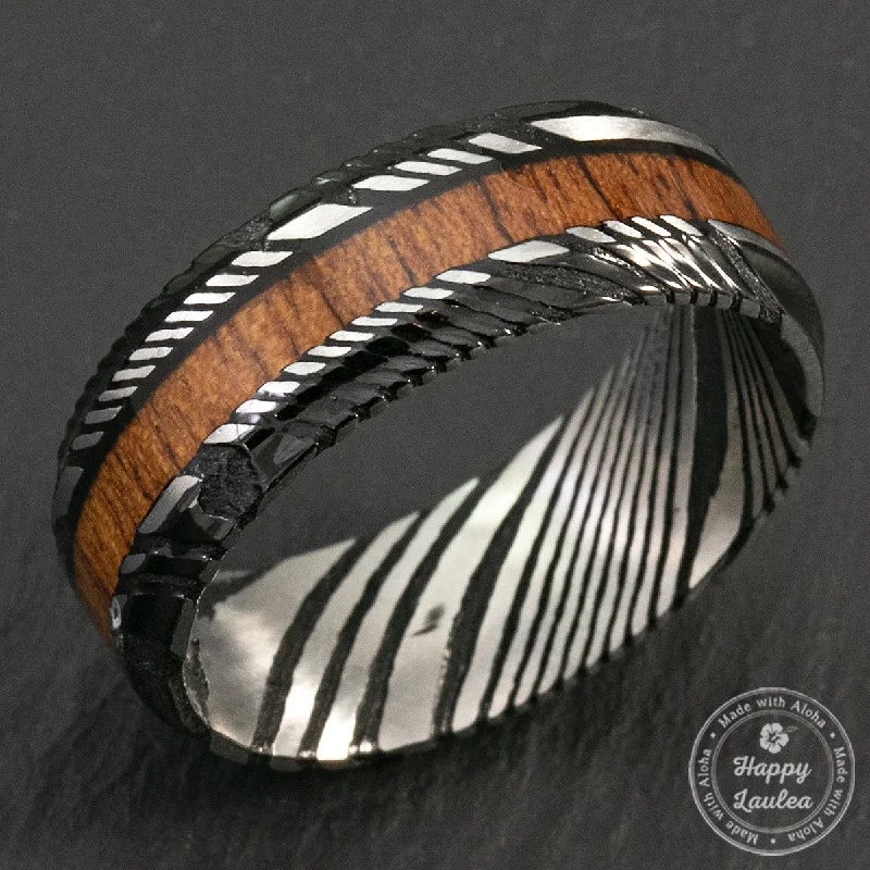 Ocean theme rings-Damascus Steel Black Ion Plated Ring with Hawaiian Koa Wood - Flat Shape, Comfort Fitment