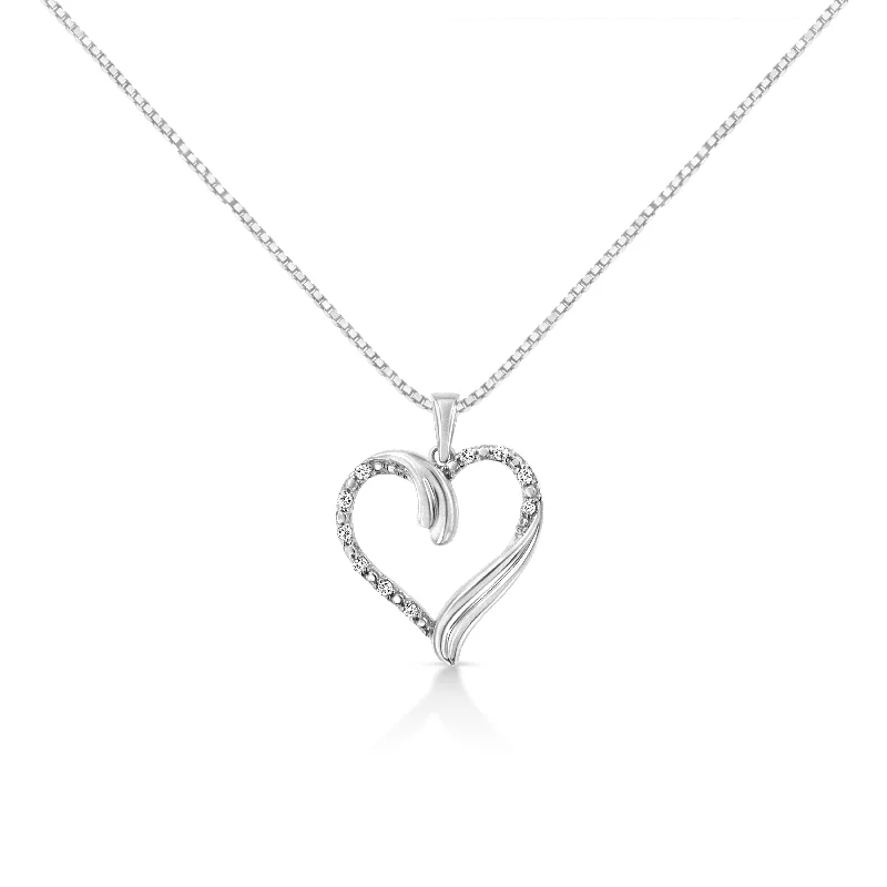 Thread tassel necklaces-.925 Sterling Silver 1/10 Cttw Prong-Set Round Cut Diamond Open Heart 18" Pendent Necklace