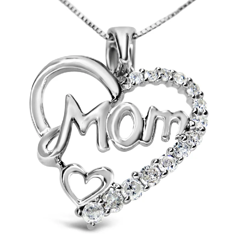 Pure diamond necklaces-.925 Sterling Silver 1/4 Cttw Round Diamond "Mom" Heart Pendant 18" Necklace