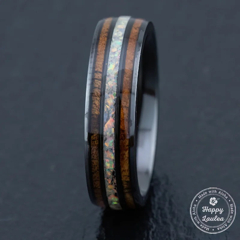 Solid band rings-Zirconium Ring [6mm width] White Opal & Hawaiian Koa