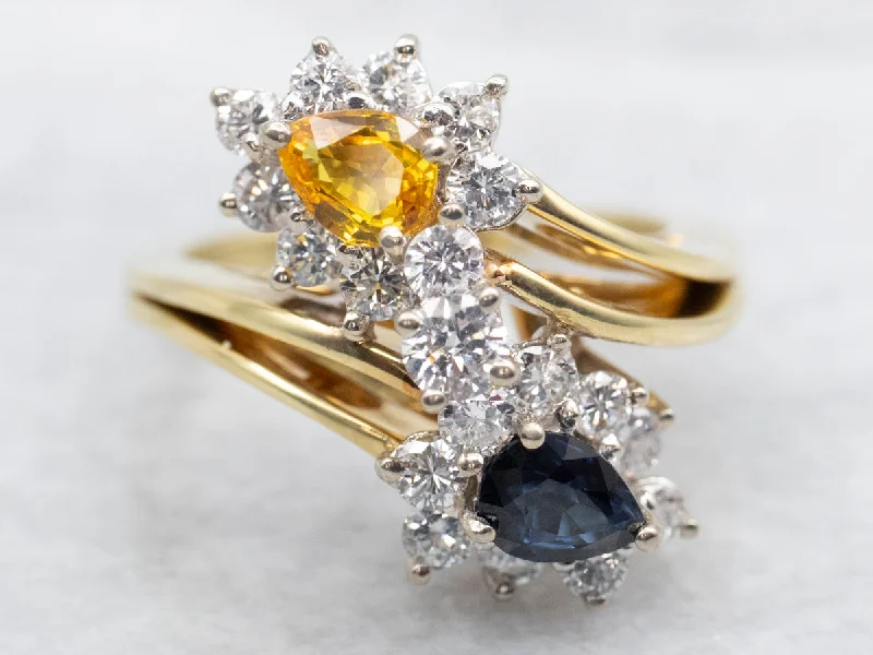 Open frame rings-Blue and Yellow Sapphire Bypass Ring with Diamond Halos