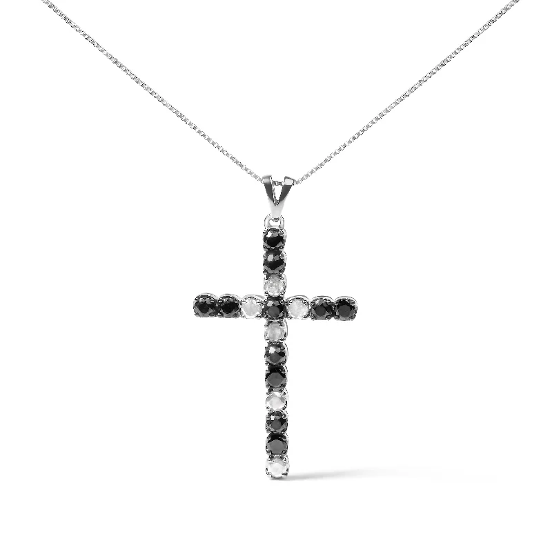 Hanging gem necklaces-.925 Sterling Silver 1.0 Cttw Black and White Diamond Alternating Classic Cross 18" Pendant Necklace"