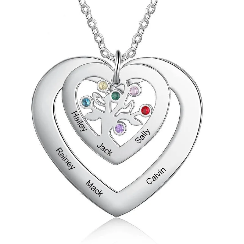 Family birthstone necklaces-Custom Engraved Name Tree of Life Necklace with 6 Birthstones