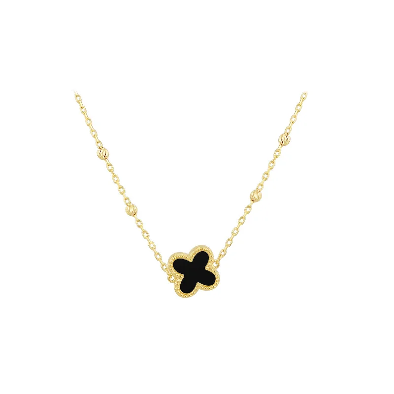 Family birthstone necklaces-9K Yellow Gold Onyx Petal Necklace/ 16+1'