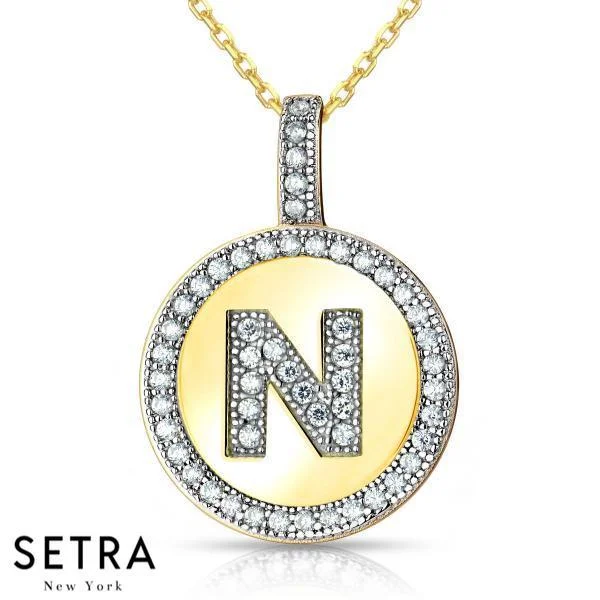 Glossy name necklaces-INITIAL MICRO-PAVE FINE 18K GOLD CIRCLE DISC "N" DIAMONDS NECKLACE