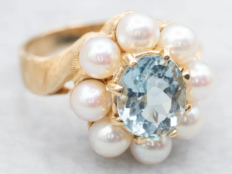 Sleek design rings-Stunning Aquamarine and Saltwater Pearl Halo Ring