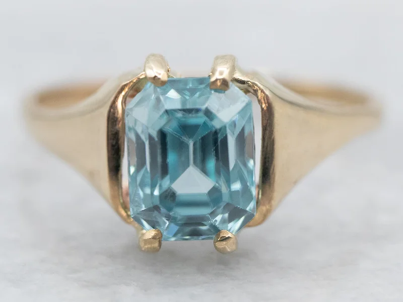 Silk cord rings-Yellow Gold Emerald Cut Blue Zircon Solitaire Ring