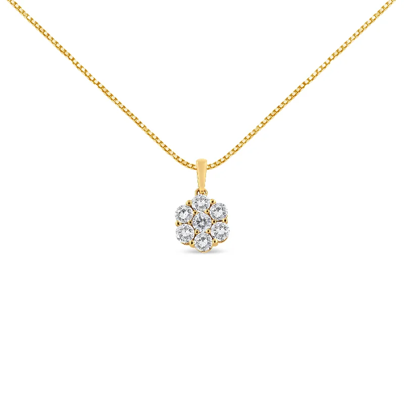 Slide clasp necklaces-14K Yellow Gold 2.00 Cttw Brilliant Round-Cut Diamond 7 Stone Flower Cluster 18" Pendant Necklace