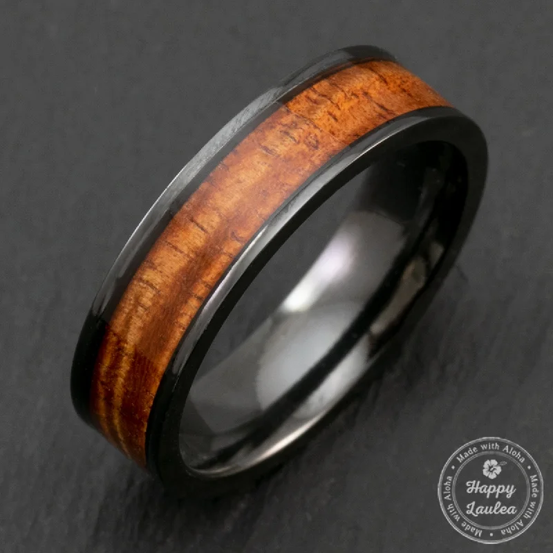 Shiny band rings-Black Zirconium 6mm Ring with Hawaiian Koa Wood Inlay - Flat Shape, Comfort Fitment