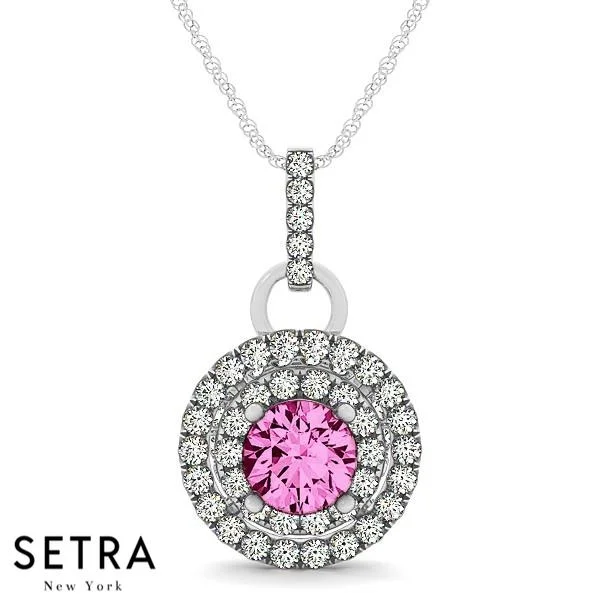 Glossy name necklaces-Vintage 18K Gold Round Cut Diamonds & Pink Sapphire In Double Halo Setting Necklace