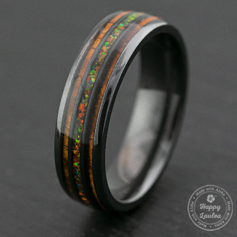 Bead edge rings-Zirconium Ring Fire Opal & Hawaiian Koa Tri-Inlay / 6mm / Dome Shape & Comfort Fitment