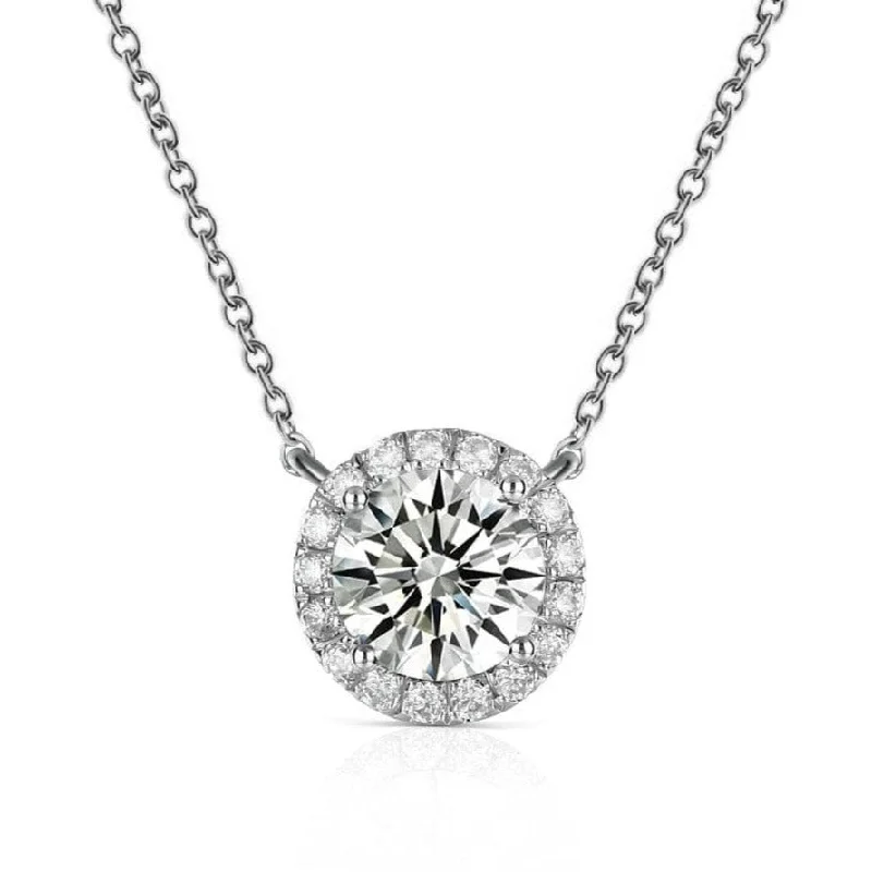 Wide bib necklaces-Solid 14k White Gold 1.0 Ct Diamond Halo Pedant Necklace