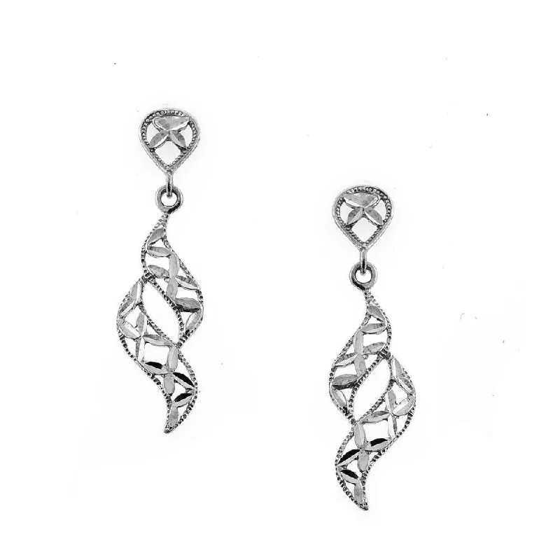 Shiny pearl earrings-14KT White Gold Drop Filagree Earrings