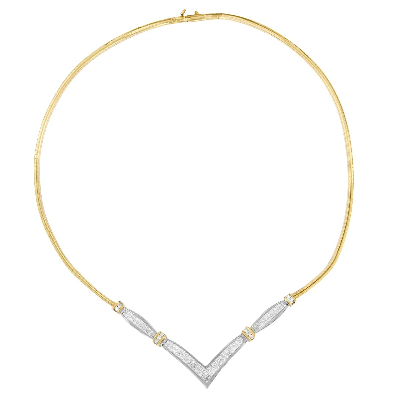 Old coin necklaces-14K Yellow and White Gold 2.00 Cttw Round and Princess-Cut Diamond 'V' Shape Statement Necklace