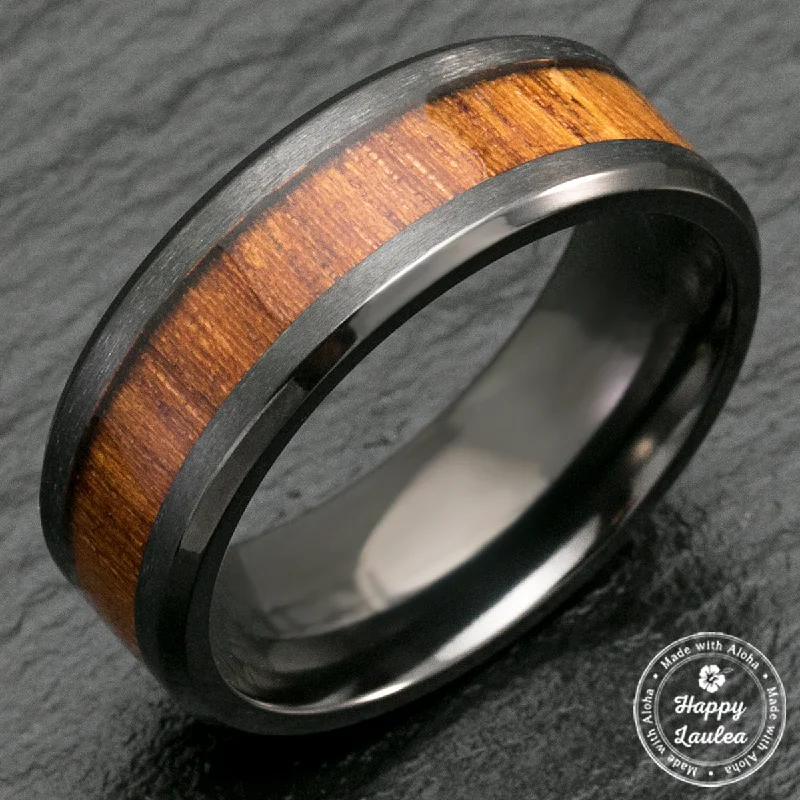 Aged vow rings-Black Zirconium Beveled Edge Ring with Hawaiian Koa Wood Inlay - 8mm, Flat Shaped, Comfort Fitment