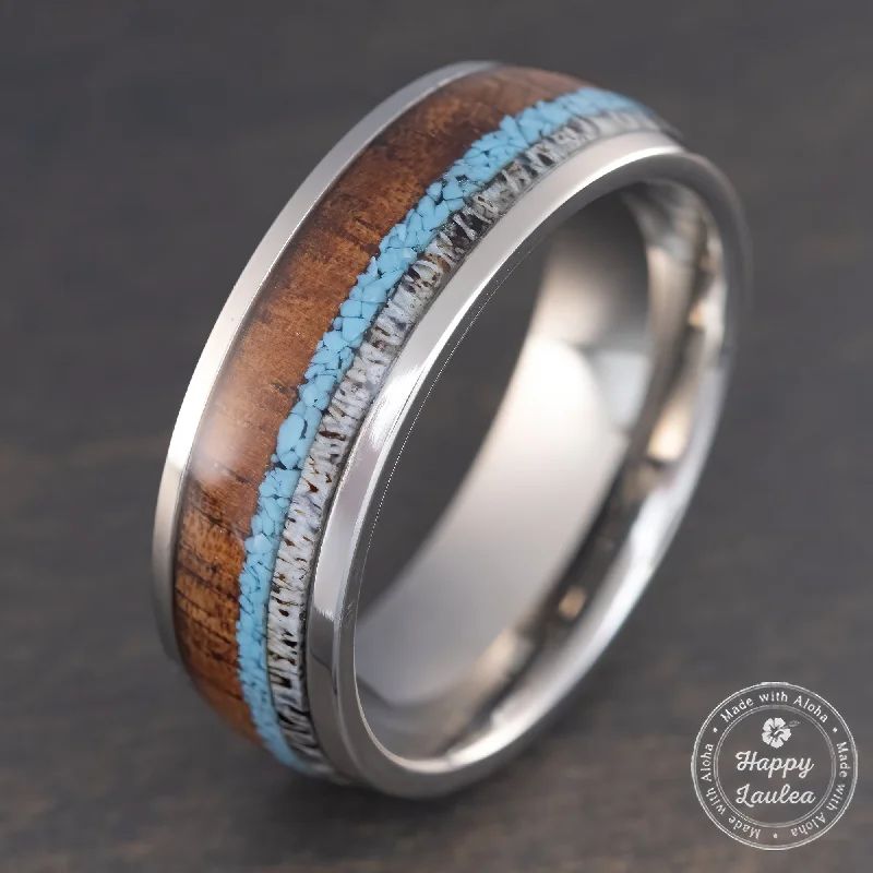 Thai tile rings-Titanium GR5 Ring [8mm width] Antler, Turquoise, & Hawaiian Koa Wood