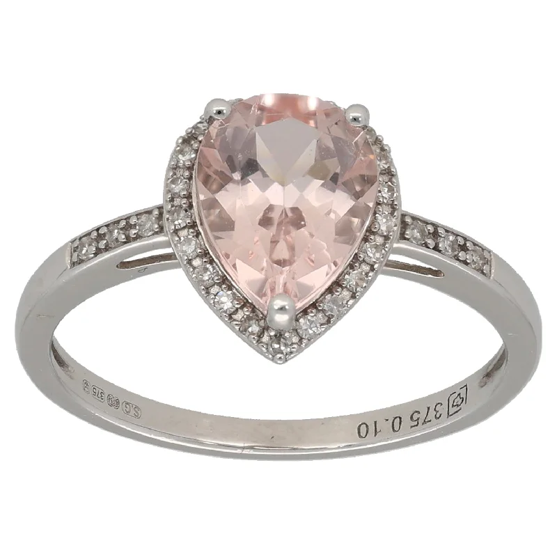 Clear crystal rings-9ct White Gold Morganite & 0.10ct Diamond Single Stone Ring with Accent Stones Size N