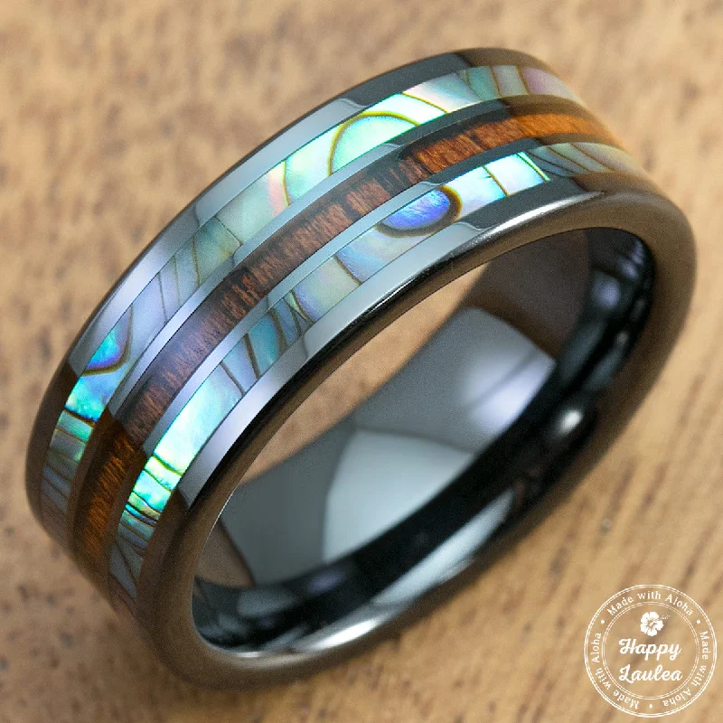 Sleek form rings-HI-TECH Black Ceramic Ring [8mm width] Abalone Pau'a Shell & Hawaiian Koa Wood