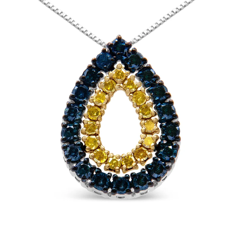 Fine thread necklaces-14K Yellow Gold Plated .925 Sterling Silver 1/2 Cttw Treated Blue and Yellow Diamond Double Pear Shaped 18" Pendant Necklace