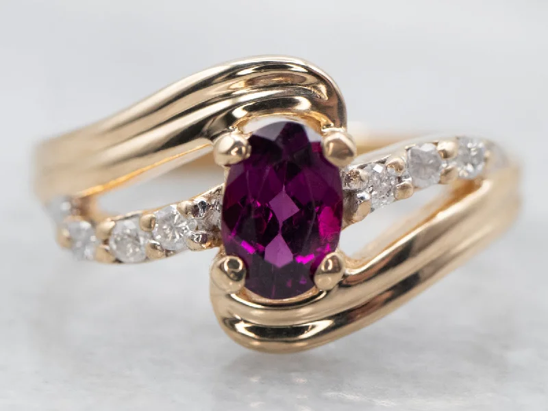 Pure druzy rings-Yellow Gold Rhodolite Garnet Bypass Ring with Diamond Accents