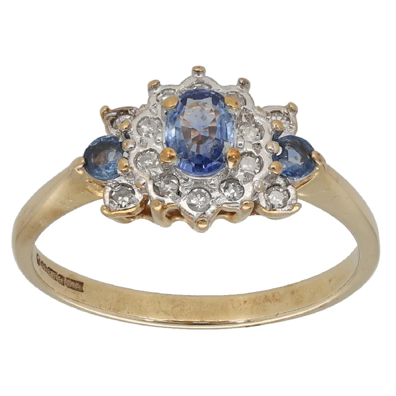 Fine star rings-9ct Gold Sapphire & 0.12ct Diamond Dress/Cocktail Ring Size M