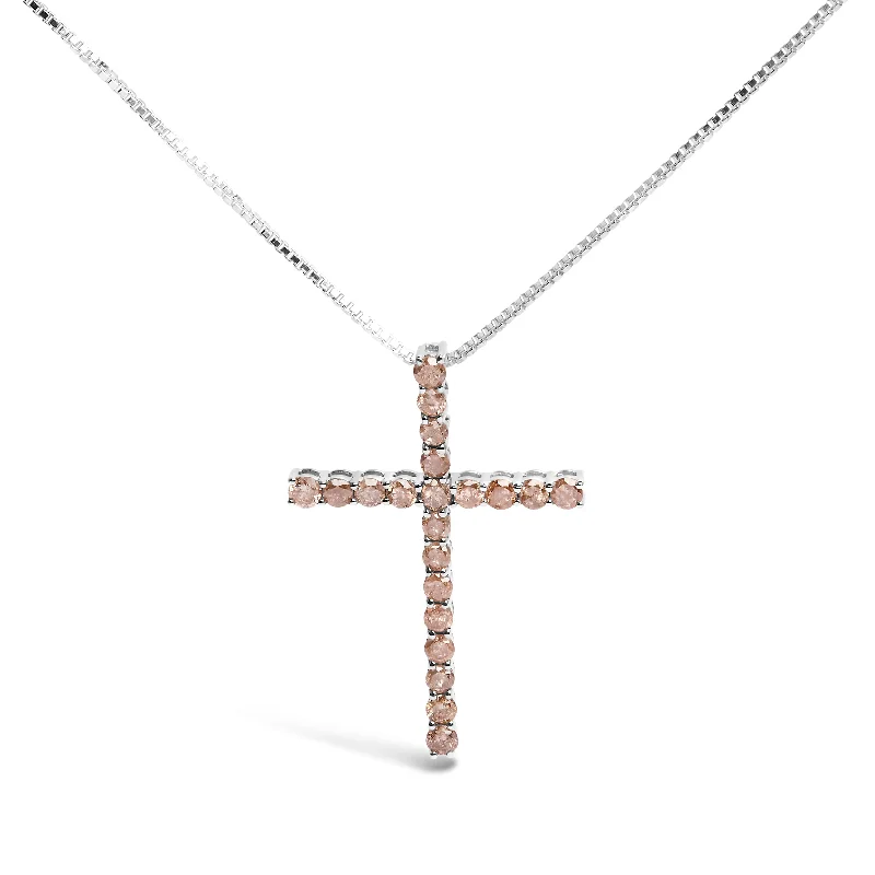 Bright gem necklaces-.925 Sterling Silver 1.0 Cttw Champagne Diamond Gold Cross Pendant Necklace for Women- 18 inch