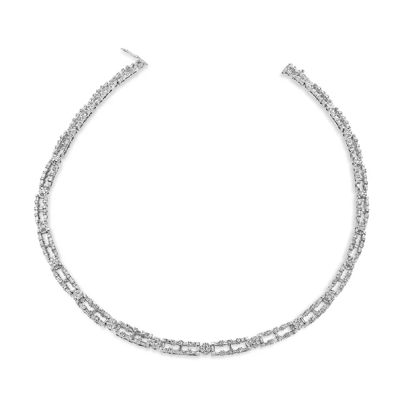 Ocean wave necklaces-AGS Certified 14K White Gold 8 1/2 Cttw Diamond Alternating Bar and Floral Cluster Link 18" Choker Necklace