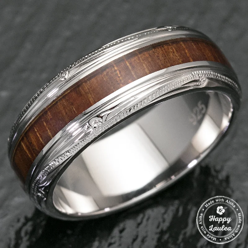 Shiny band rings-Sterling Silver Hawaiian Jewelry Ring with Koa Wood Inlay - 8mm, Dome Shape, Standard Fitment