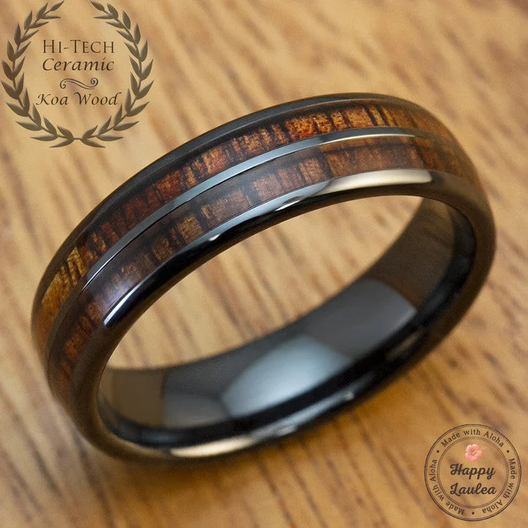 Ripple shape rings-HI-TECH Black Ceramic Ring with Koa Wood Duo Inlay - 6mm, Dome Shape, Comfort Fitment