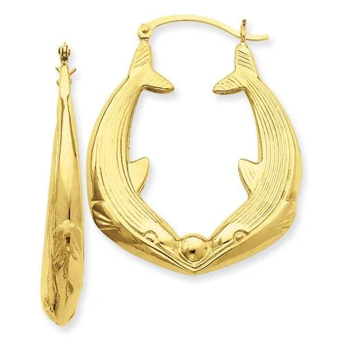 Soft enamel earrings-14KT YELLOW GOLD KISSING DOLPHIN HOOP EARRINGS.