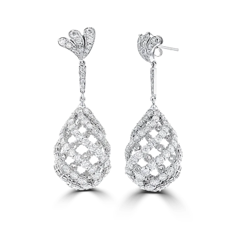 Pure shine earrings-18KT White Gold 12.56 CTW Pave Diamond 3D Pear Shape Drop Earrings