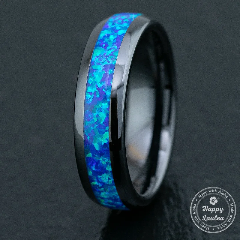 Shiny eternity rings-Black Hi-Tech Ceramic Ring /  Blue Opal Inlay / 6mm / Dome Shape & Comfort Fitment