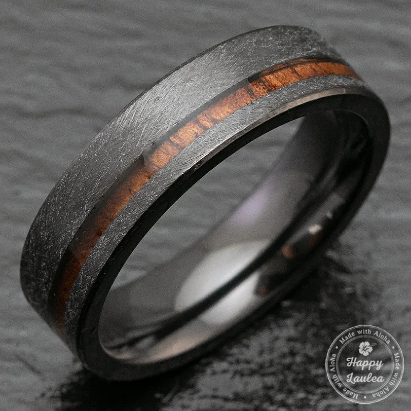 Fine star rings-Black Zirconium Ring with Hawaiian Koa Wood Offset Inlay - 6mm, Flat Shape, Comfort Fitment