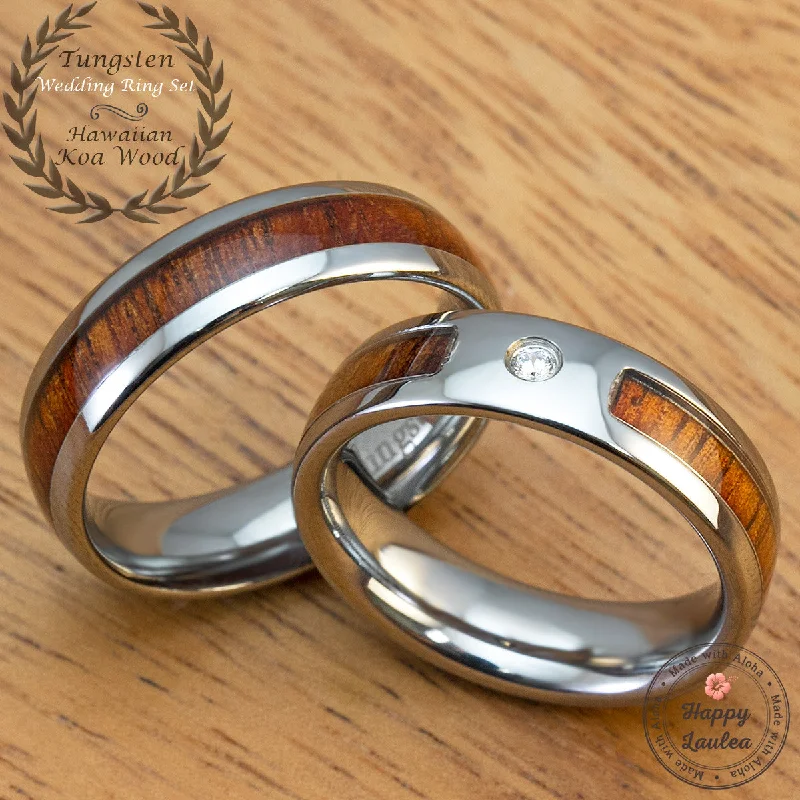 Fine heart rings-Pair of 6mm Assorted Tungsten Carbide Rings with Hawaiian Koa Wood Inlay - Dome Shape, Comfort Fitment