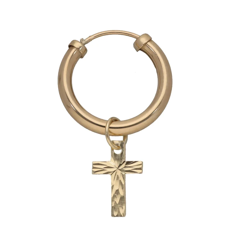 Solid gold rings-New 9ct Gold Single Hoop With Cross Earring