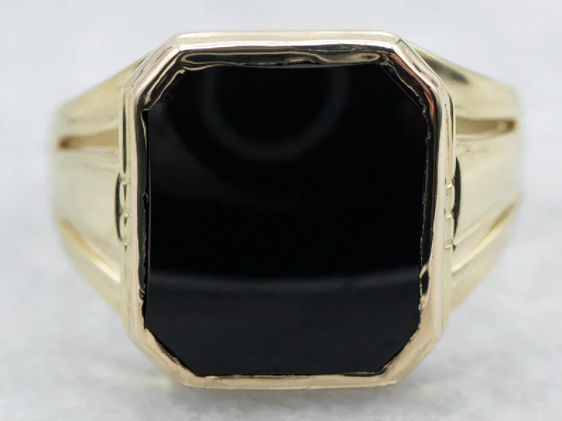 Slip knot rings-Yellow Gold Emerald Cut Black Onyx Ring