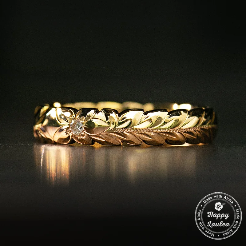 Hand-glossy rings-14K Gold Two Color Maile Leaf Design Hawaiian Jewelry Ring [ 4mm width ] Cutout Wave Edges