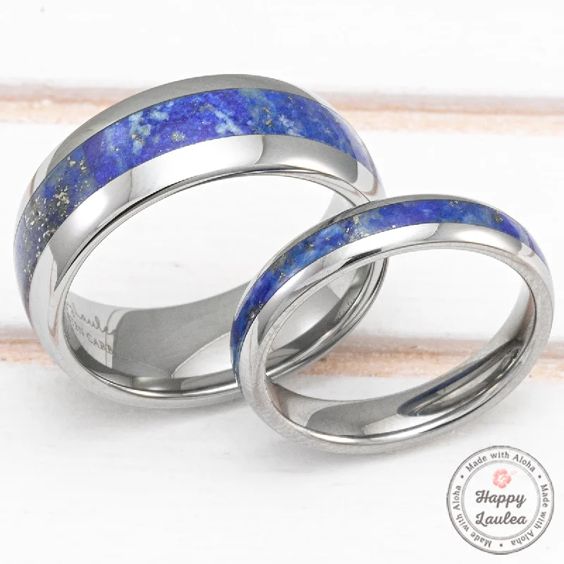 Aged cameo rings-Pair of 4&8mm Tungsten Carbide Rings with Lapis Lazuli Inlay - Dome Shape, Comfort Fitment