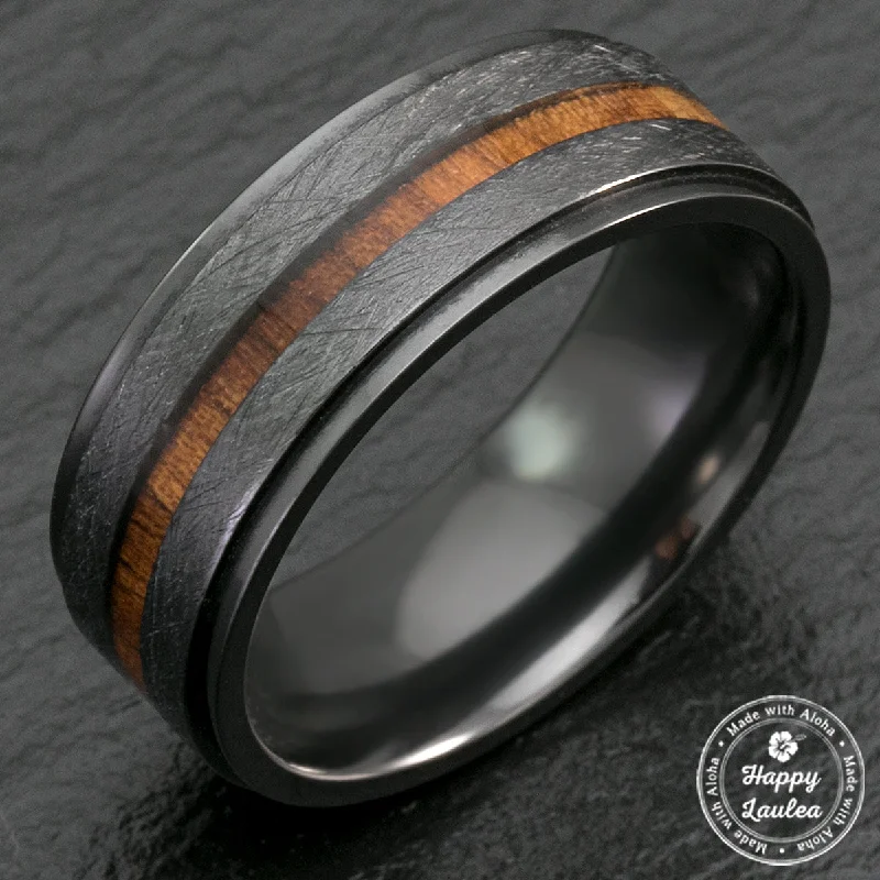 Sapphire solitaire rings-Black Zirconium Step Edge Ring with Hawaiian Koa Wood Inlay - 8mm, Flat Shape, Comfort Fitment