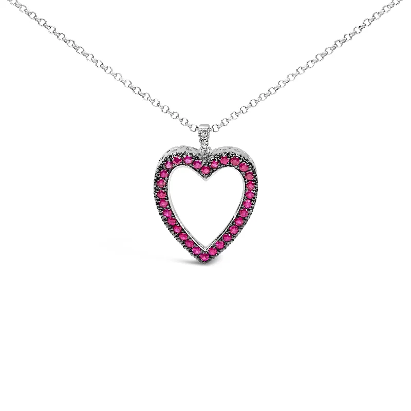 Bold chain necklaces-18K 1/3 Cttw Diamond and Red Ruby Open Heart with Black Rhodium 18" Pendant Necklace